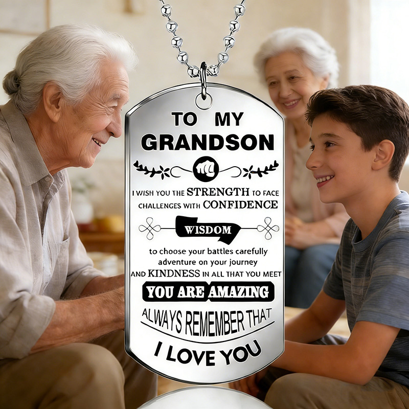 Mens Dog Tag Necklace - Вдохновляющее ожерелье моему внуку, большое серебряное